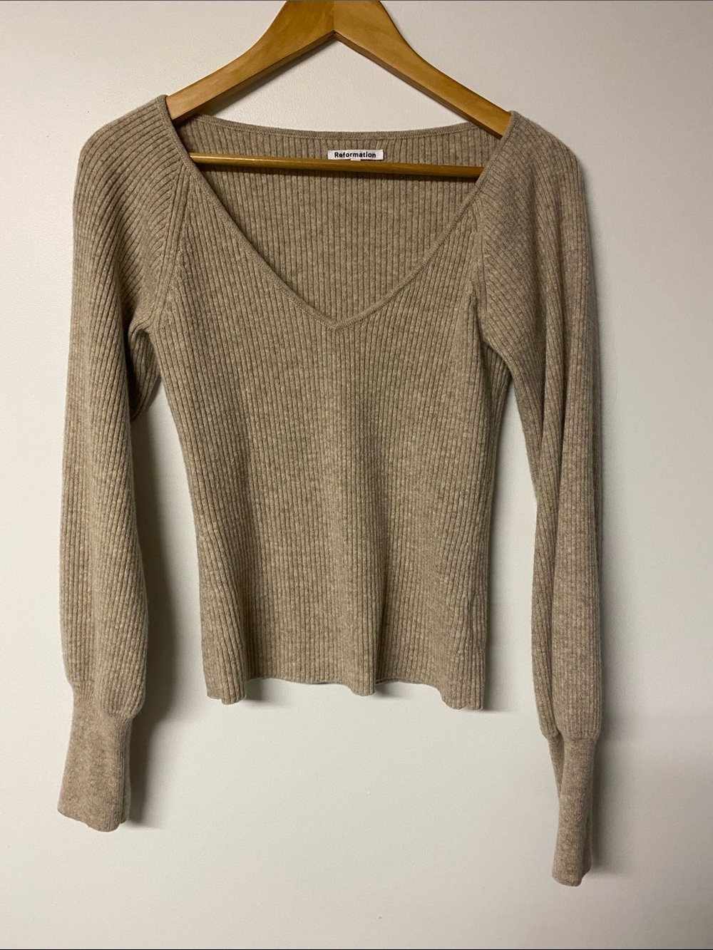 Reformation Hart Cashmere Neutral Ribbed V-Neck Sweater in Beige